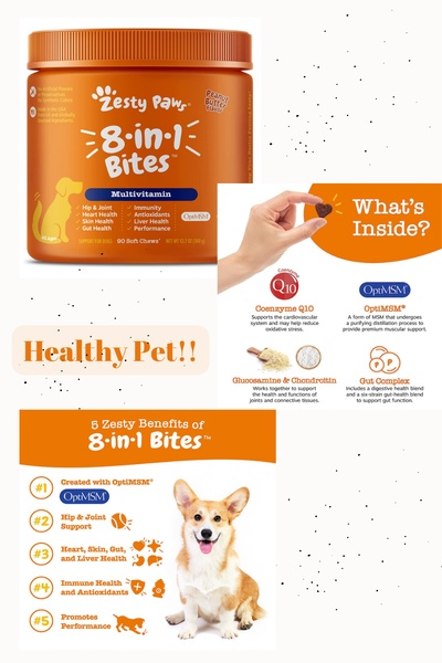 A structured 2:3 ratio infographic-style ad for dog vitamins that pairs ingredient highlights with core health benefit claims.